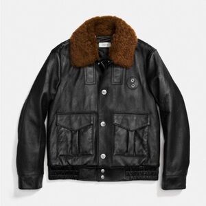 Coach Black Leather Sheriff Bomber Jacket Shearling Collar